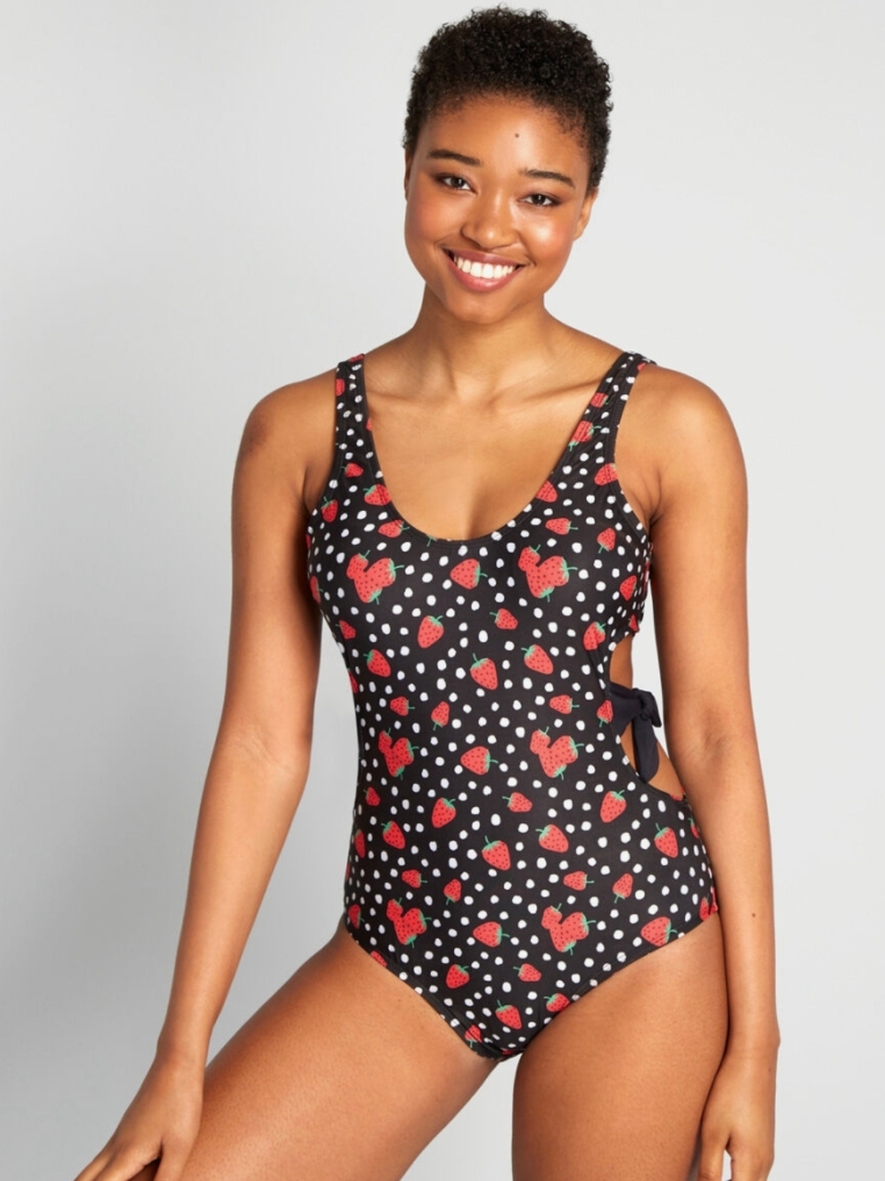 NWOT Modcloth Black Strawberry Polka Dot Print One-Piece Coquette Swimsuit Small
